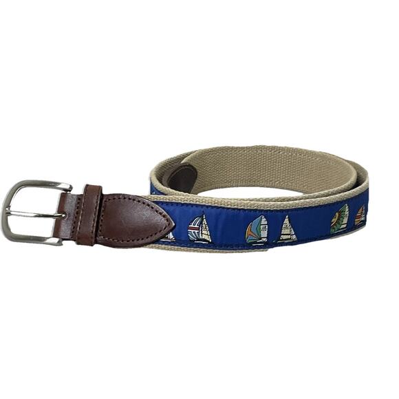 The Belted Cow Embroidered Sailboat Racing Maine Preppy Belt Sailing Sz 38